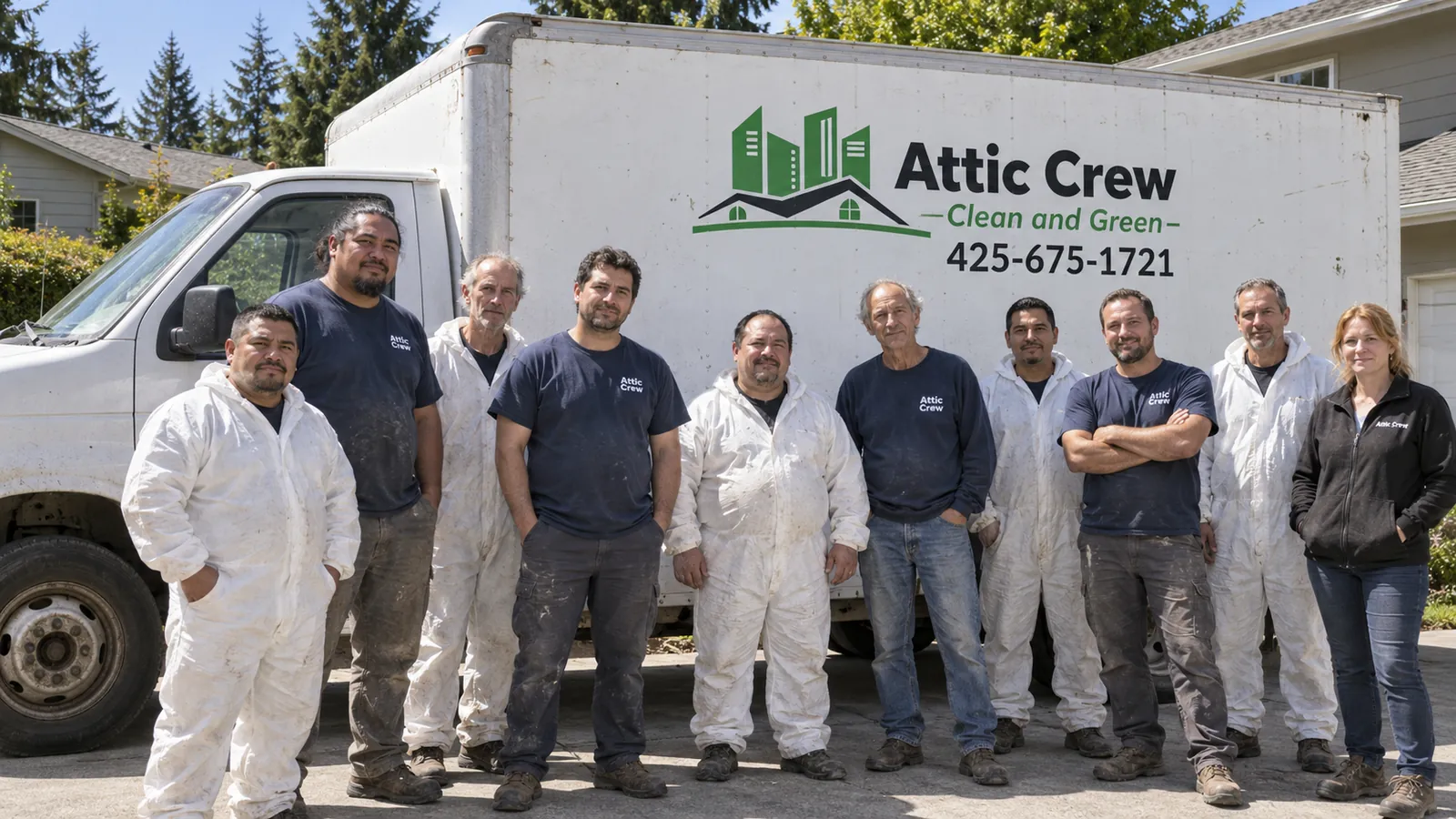 Representative image of the Attic Crew team beside a work van