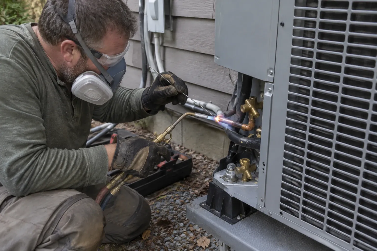 A technician in full protective gear is brazing and connecting a refrigerant line set to an outdoor heat pump unit beside a lap-sided home.