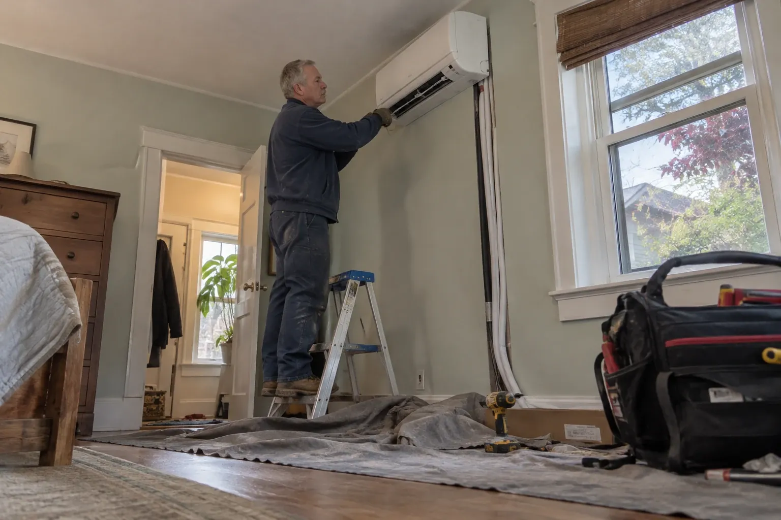 A technician is installing a ductless mini-split indoor unit in an older Seattle home without ductwork.
