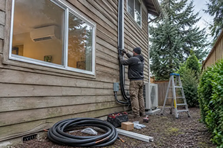 Ductless heat pump installed on a two-story home, in progress: The heat pump outdoor unit is positioned, and technicians carefully route and secure the refrigerant line sets along the cedar siding.