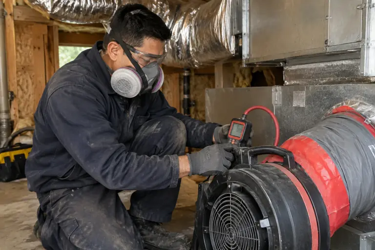 A technician in full protective gear is performing a duct leakage test using a blower setup with gauges in a crawl space of a Seattle home.