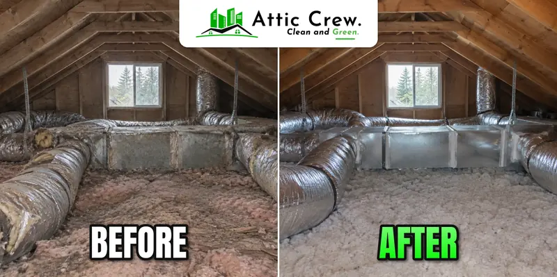Air duct replacement in a 1980s split-level attic: before and after
