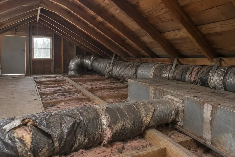 Air duct replacement in a Tacoma craftsman bungalow attic, before: The attic’s old air duct system is visibly damaged, leaking, and crushed, contributing to inefficient airflow and energy loss.