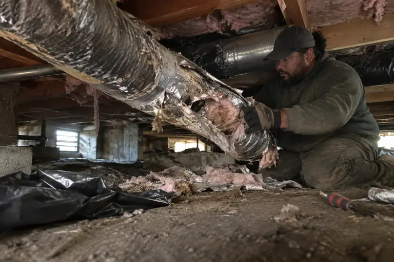 Technician partially geared up is removing crushed, rodent-chewed old flexible ductwork in a Seattle crawl space to improve HVAC efficiency.