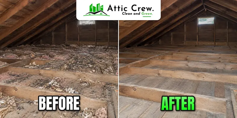 Attic cleanup in mid-century rambler attic: before and after