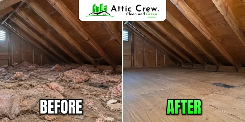 Attic cleanup of matted batts and debris in North Seattle attic: before and after