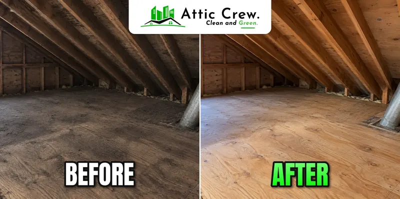 Attic cleanup of soot-dust covered Seattle attic: before and after