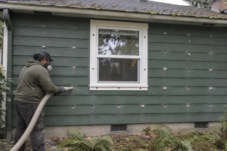 Exterior drill-and-fill on a Craftsman rambler, in progress: A technician fills the wall cavities with blown-in insulation, sealing off air leaks.