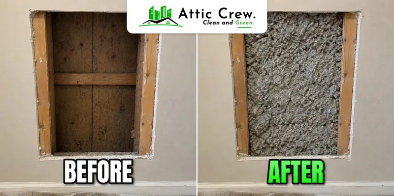 Open stud bay filled with insulation: before and after