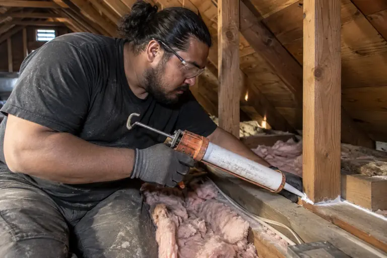 A technician is carefully air sealing the top plates in the attic of a Craftsman home on a rainy day.