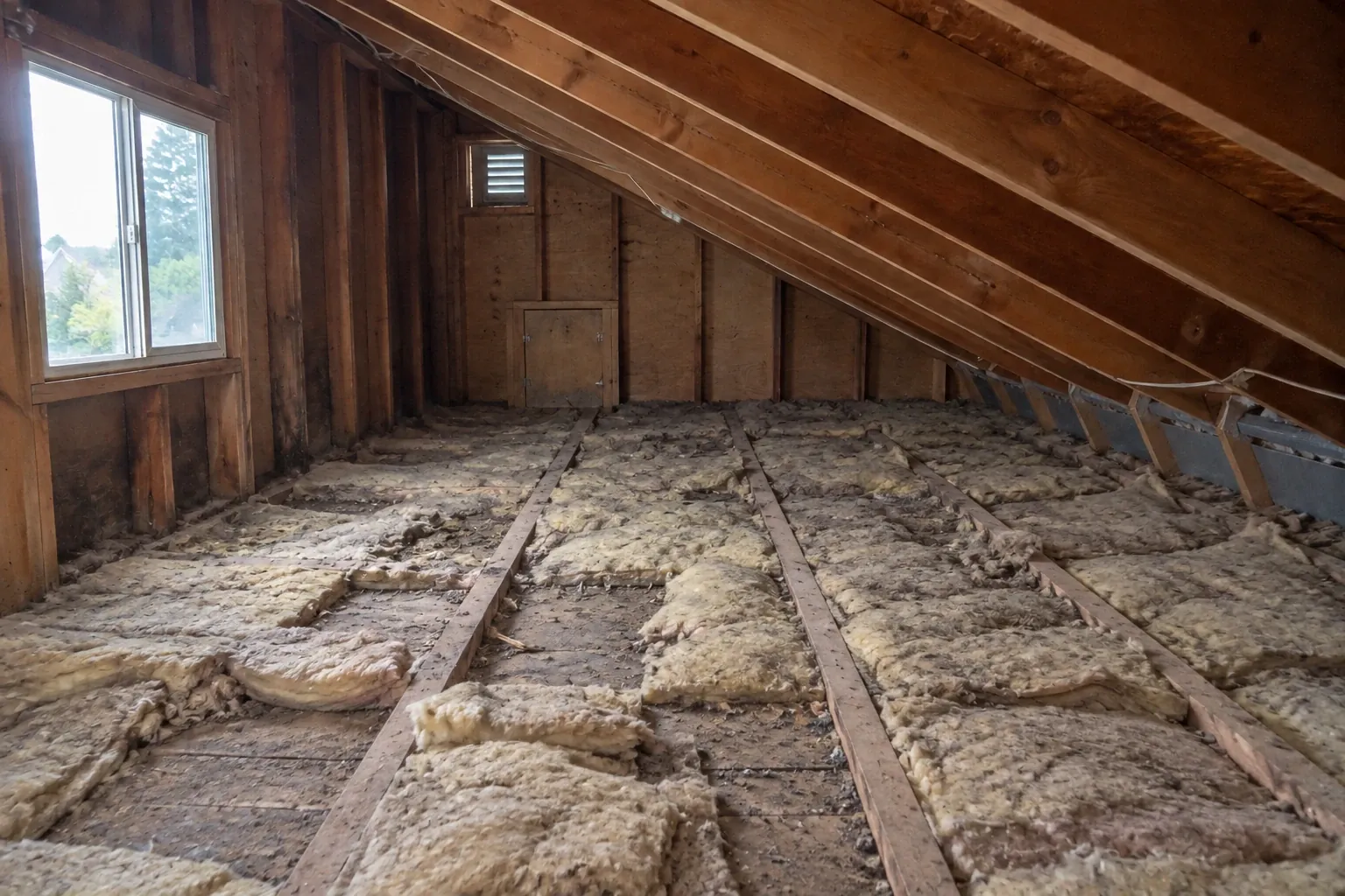 Before: The attic floor with worn, patchy batt insulation clearly showing gaps and compressed areas before the upgrade work begins.