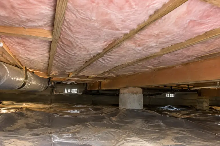 R-30 floor insulation installed in a crawl space.