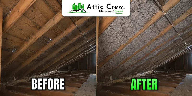 Sloped attic ceiling insulated: before and after