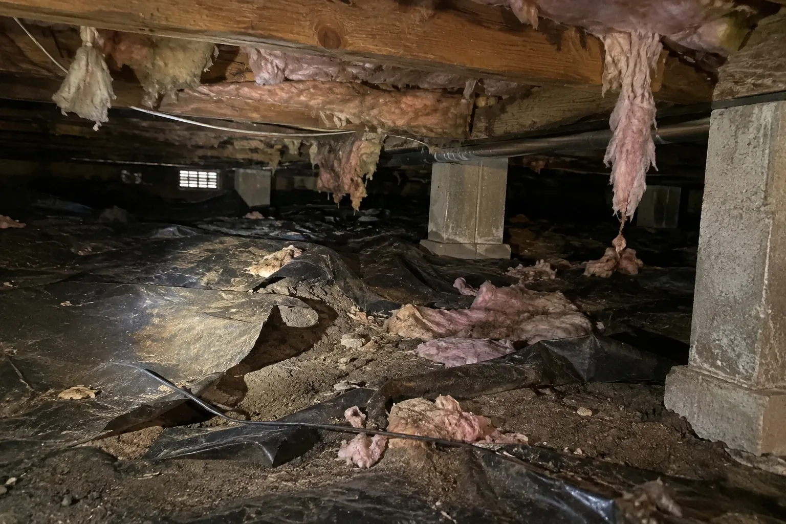 A dimly lit crawl space showing fallen insulation and torn black poly vapor barrier, highlighted by a flashlight beam.