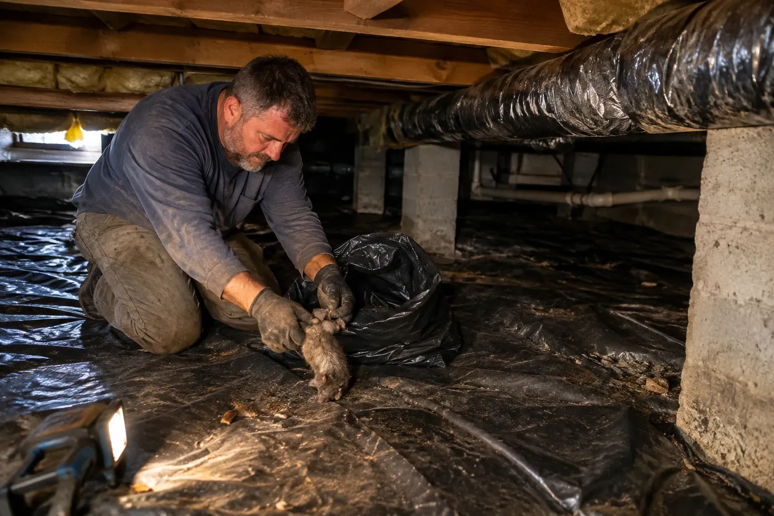 A technician removes a dead animal from a crawl space.