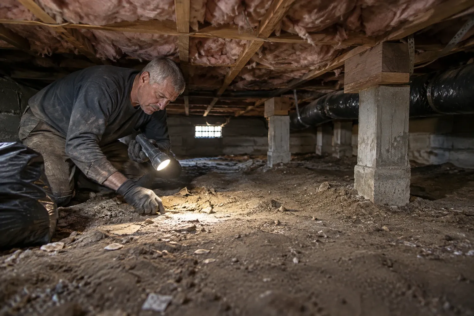 A technician removes debris and old insulation from a crawl space.