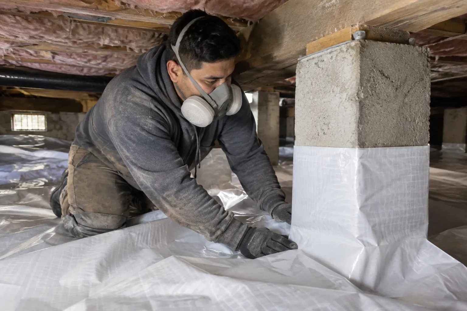 A technician wraps a pier while laying a new white vapor barrier.