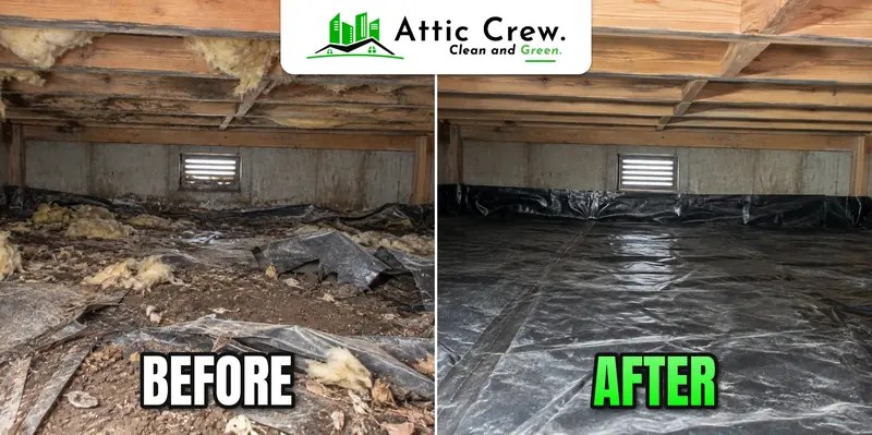 Crawl space cleaning with debris and insulation removal in Redmond split-level: before and after