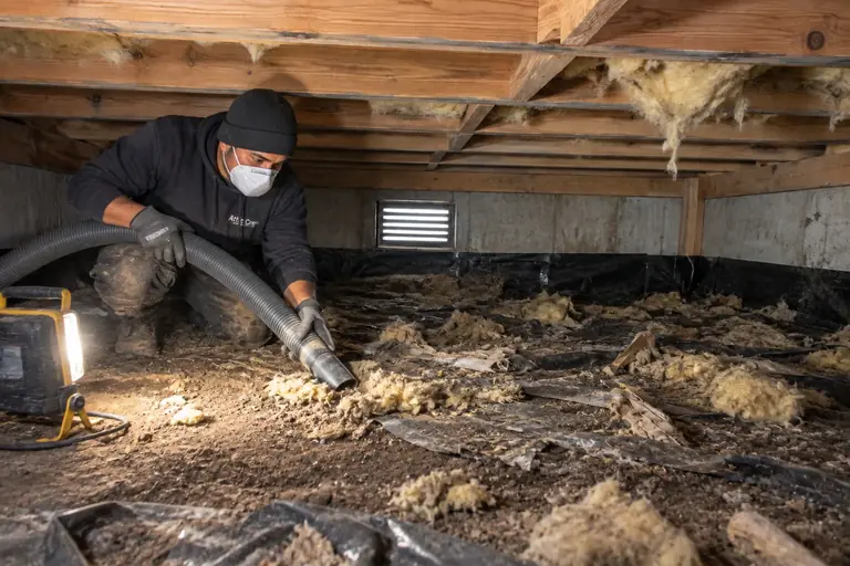 Crawl space cleaning with debris and insulation removal in Redmond split-level, in progress: A technician removes old debris and damaged insulation remnants, carefully vacuuming the dirt floor to clear the crawl space of accumulated waste.