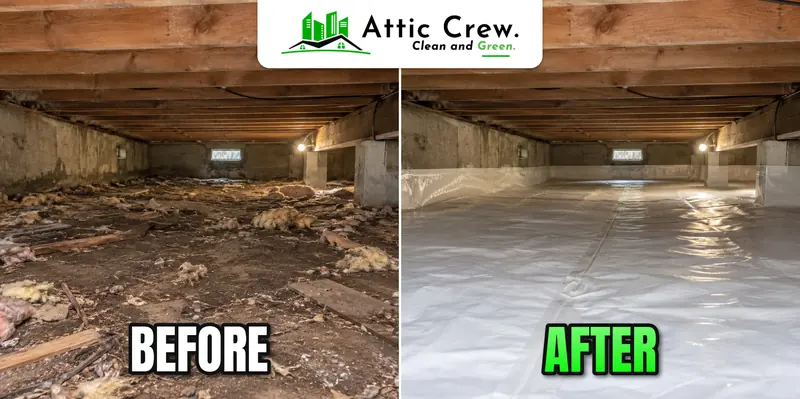 Crawl space cleaning with debris-strewn dirt floor: before and after