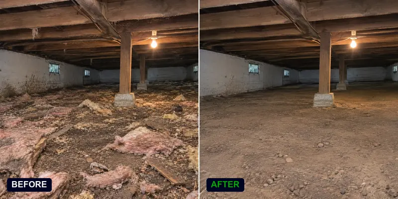 Crawl space cleaning with insulation removal in Renton split-level: before and after