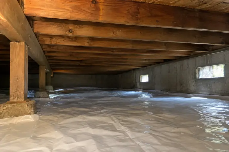 Crawl space cleaning with joist mold treatment, after: Crawl space joists completely cleaned and sealed to prevent future mold growth, restoring structural integrity.
