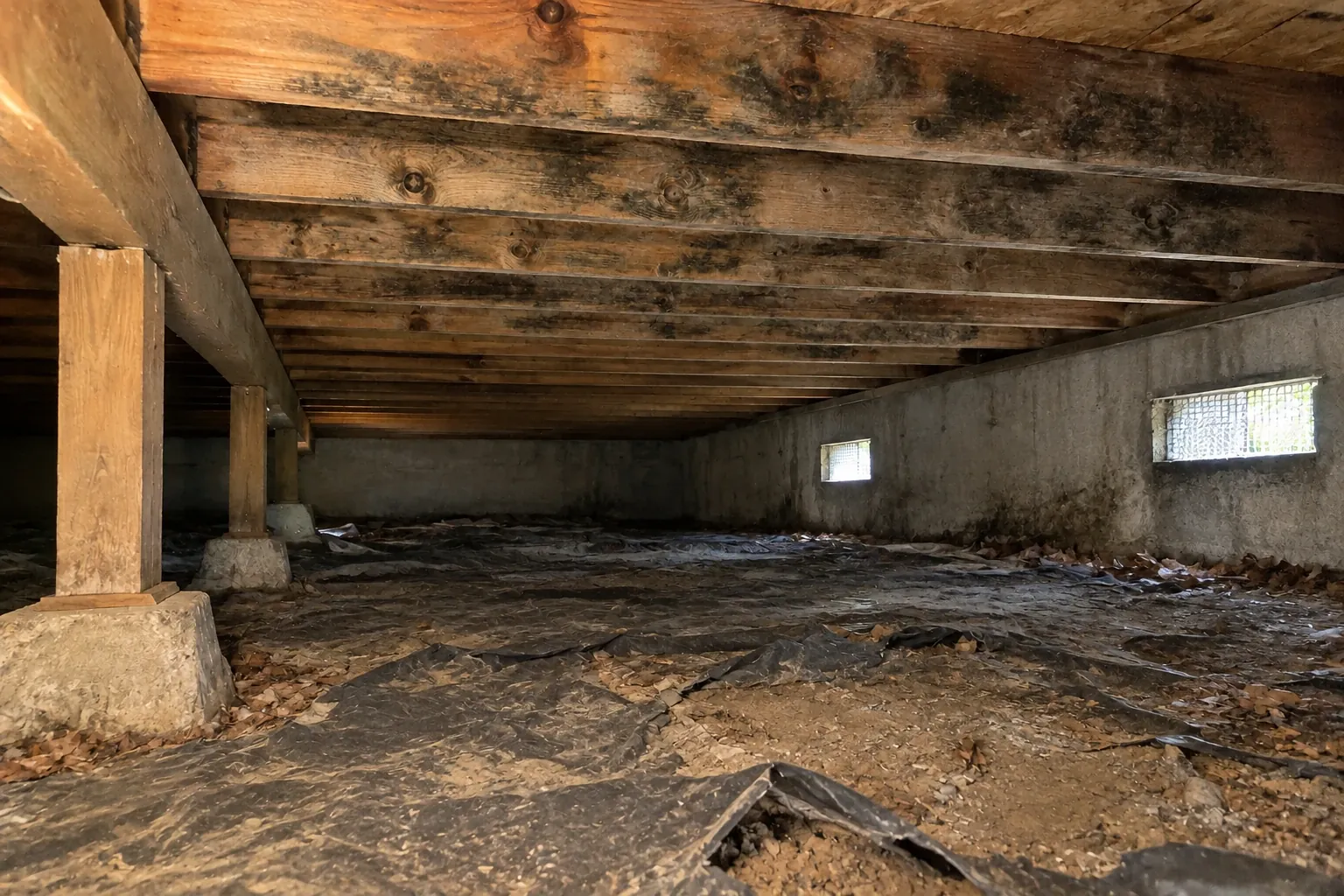 Before: Heavy mold growth covers much of the crawl space joists, a typical problem in damp Seattle-area homes.