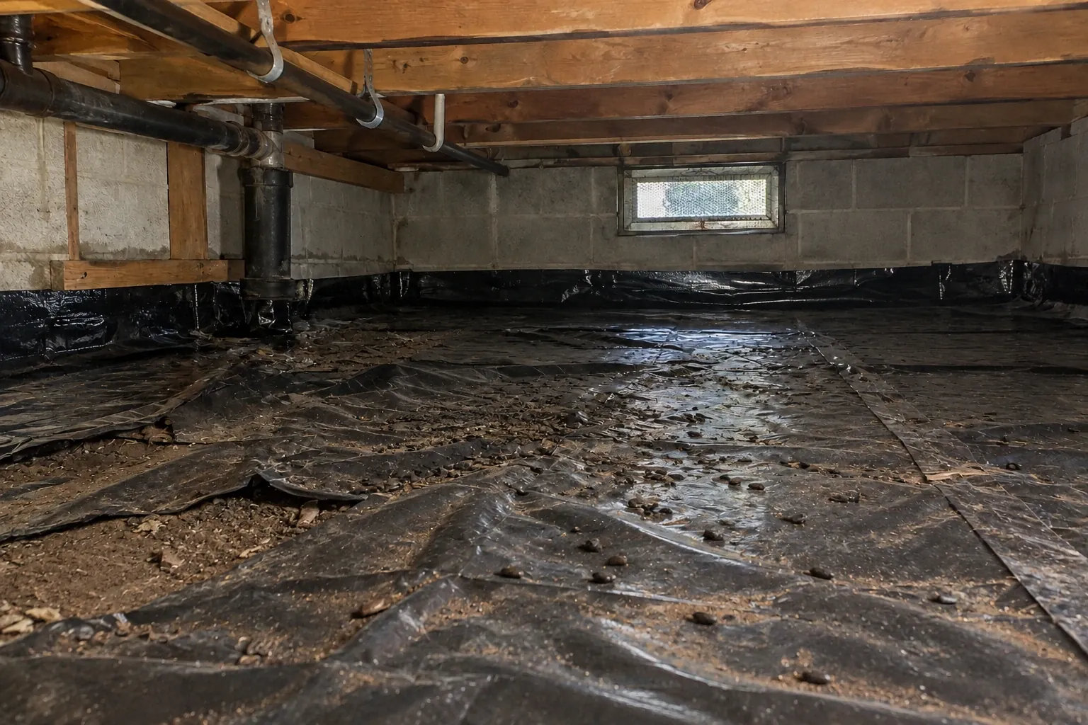 Before: Before cleaning, the crawl space floor liner is heavily soiled with rodent droppings and partially displaced, posing a hygienic concern.