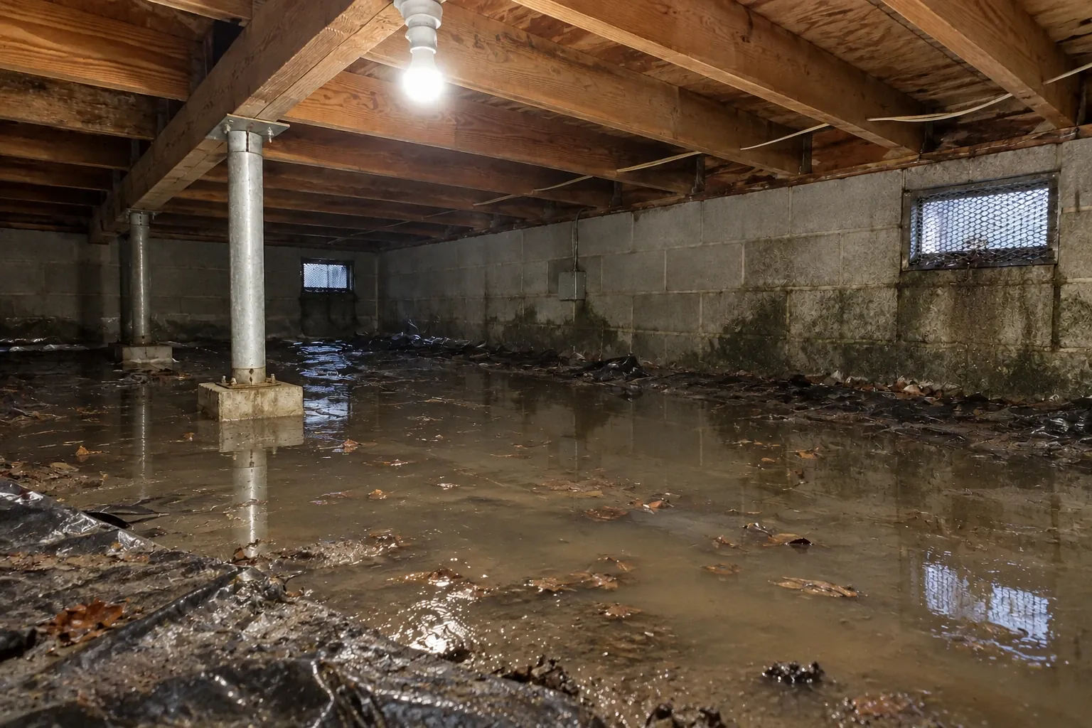 Before: Before cleaning, the crawl space floor is covered with standing water pooling near the foundation wall.