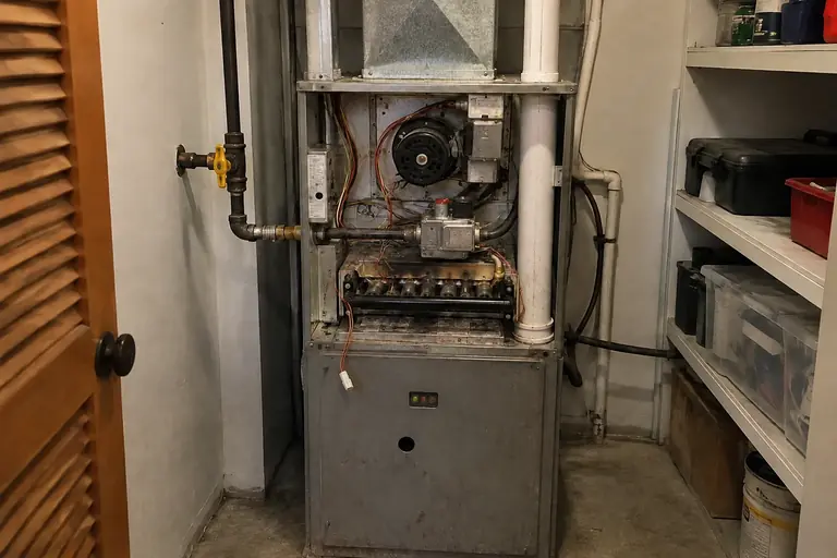 Furnace repair in Seattle utility closet, before: The furnace burner area shows soot buildup and a disconnected igniter wire, causing ignition issues.