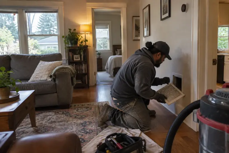A technician inspects a recently cleaned air duct system and registers.