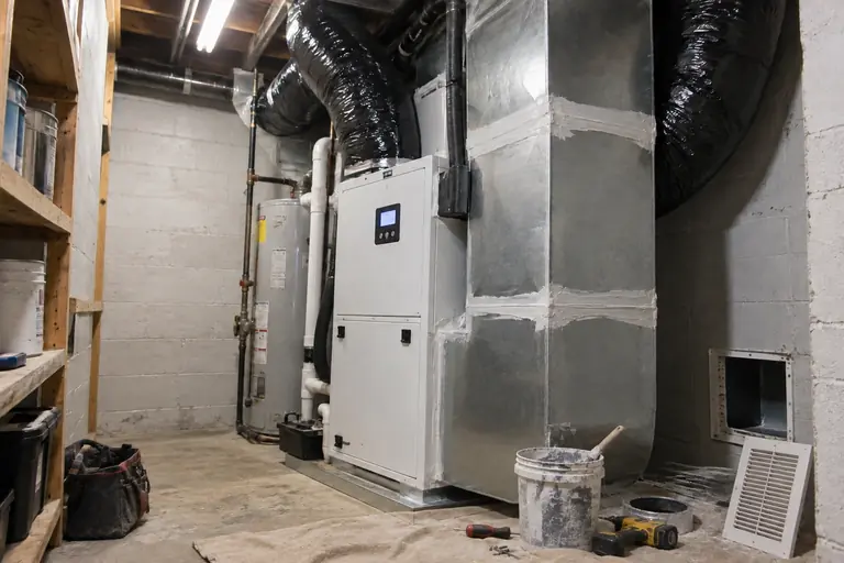 HVAC air handler and duct replacement in mid-century rambler, in progress: A technician seals each sheet metal duct joint meticulously with fresh mastic to ensure airtight connections.