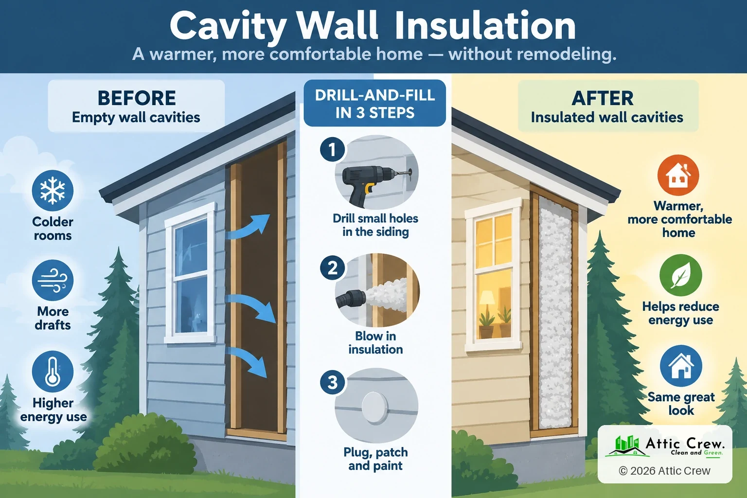 Infographic: Cavity wall insulation in three steps. Drill: Small holes are drilled in the siding. Fill: Insulation is blown into the empty wall cavities. Plug, patch and paint: The holes are closed and finished to match. The result: Warmer rooms, fewer drafts and lower energy use, with the same look outside.