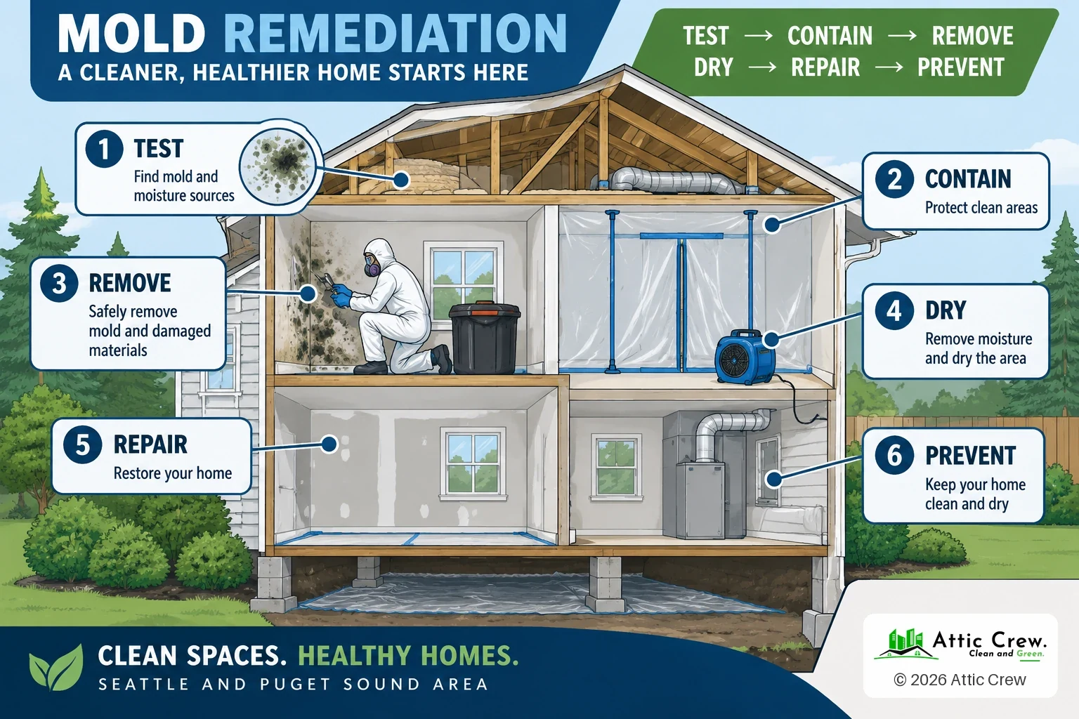 Infographic: Mold remediation in six steps. Test: Find mold and moisture sources. Contain: Protect clean areas of the home. Remove: Safely remove mold and damaged materials. Dry: Remove moisture and dry the area. Repair: Restore your home. Prevent: Keep your home clean and dry.