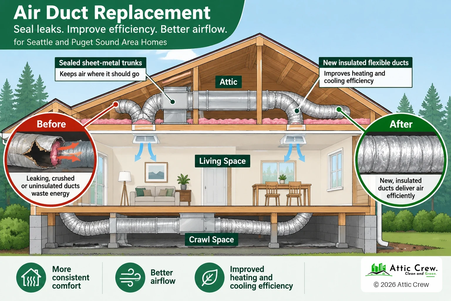 Infographic: Where duct systems lose energy. Leaking, crushed or uninsulated ducts: Damaged ducts waste the air you pay to heat and cool. Sealed sheet-metal trunks: Sealed trunks keep air where it should go. New insulated flexible ducts: New insulated runs improve heating and cooling efficiency. The result: More consistent comfort, better airflow and better efficiency.