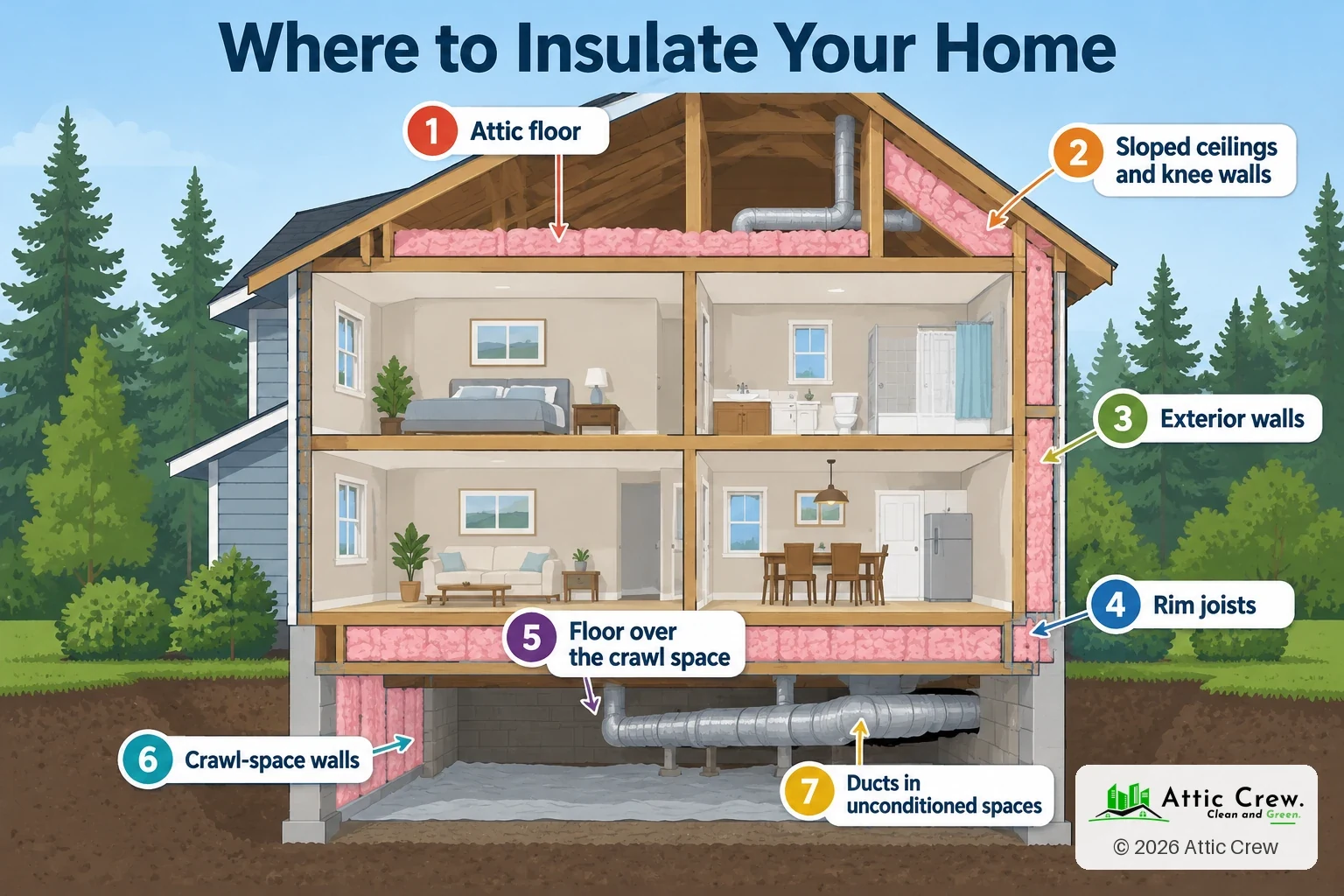Infographic: Where to insulate your home. Attic floor. Sloped ceilings and knee walls. Exterior walls. Rim joists. Floor over the crawl space. Crawl space walls. Ducts in unconditioned spaces.