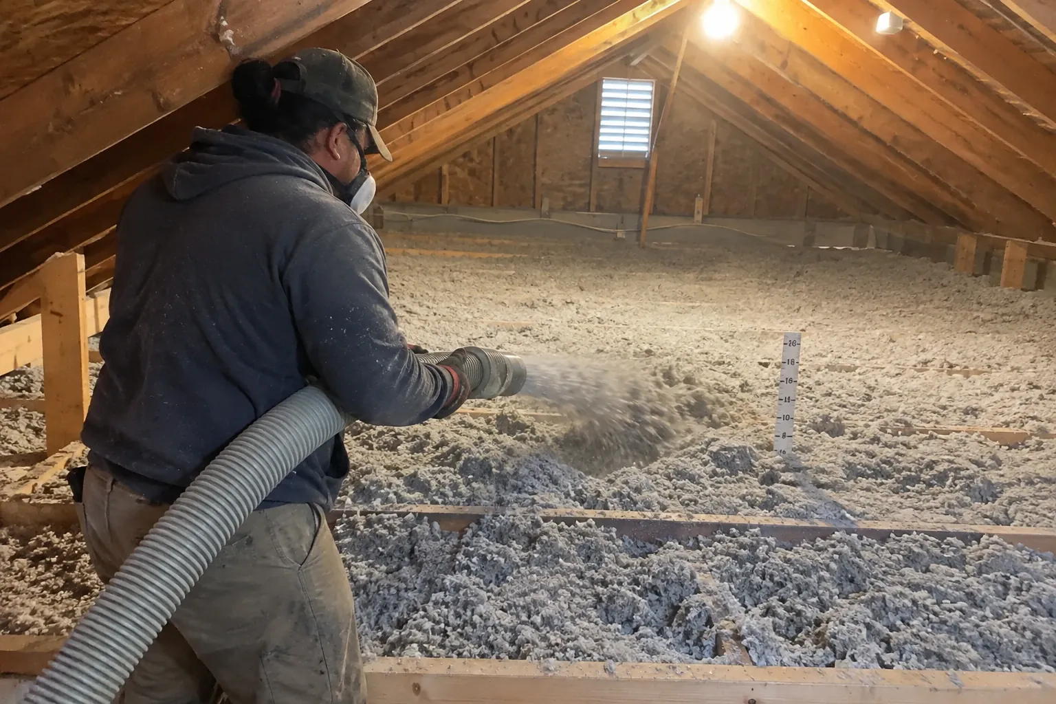 A technician blows loose-fill insulation across an attic floor.