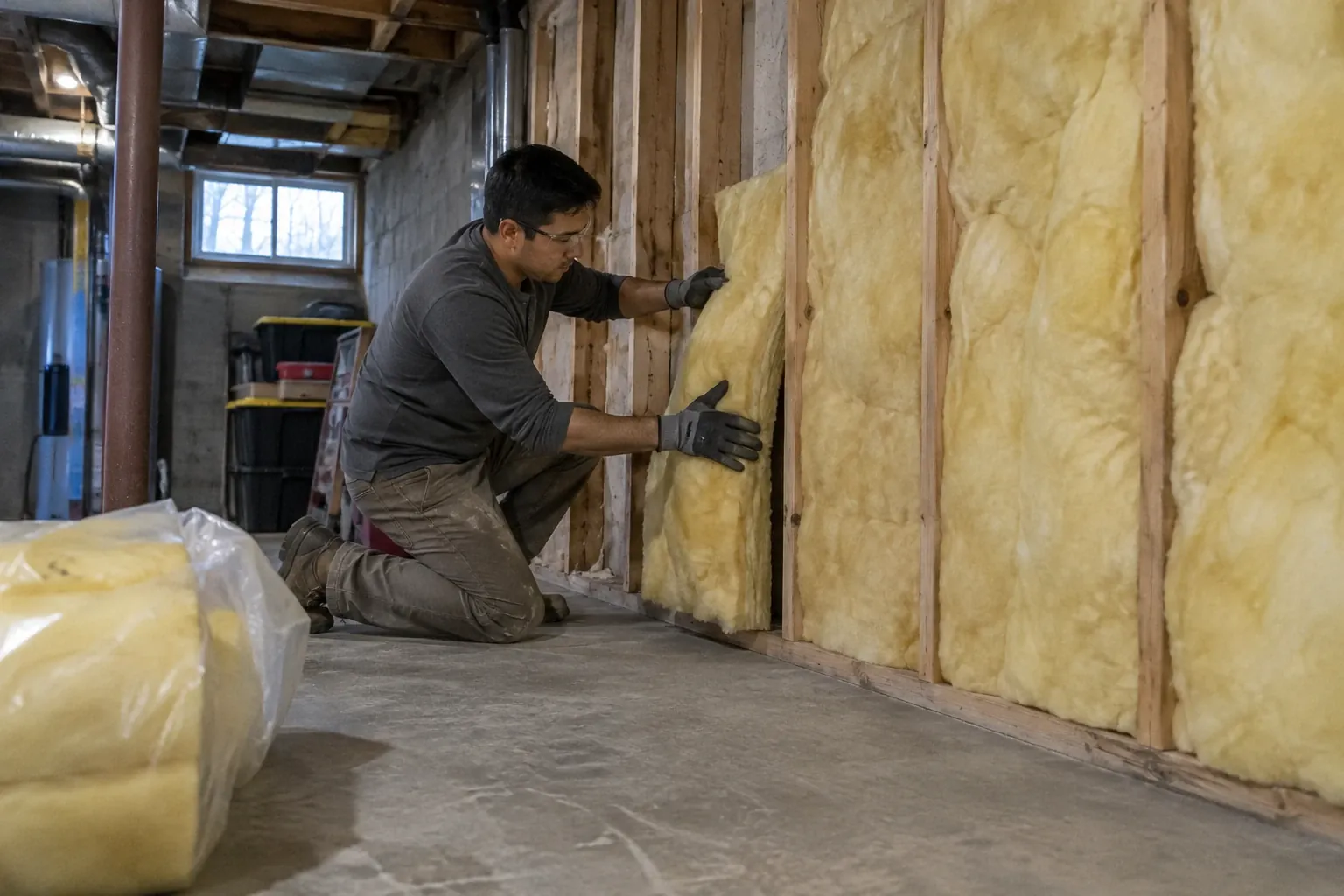 A technician fits yellow fiberglass batt insulation snugly between studs in an unfinished basement wall to enhance energy efficiency and home comfort.
