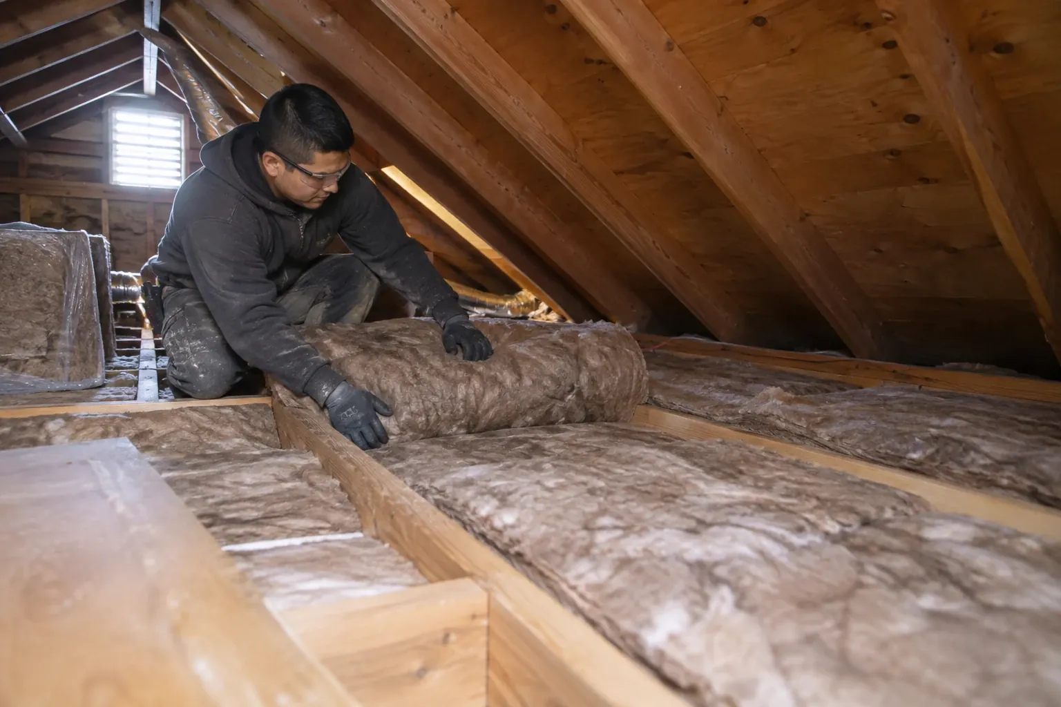 A technician installs EcoBatt insulation between attic joists.