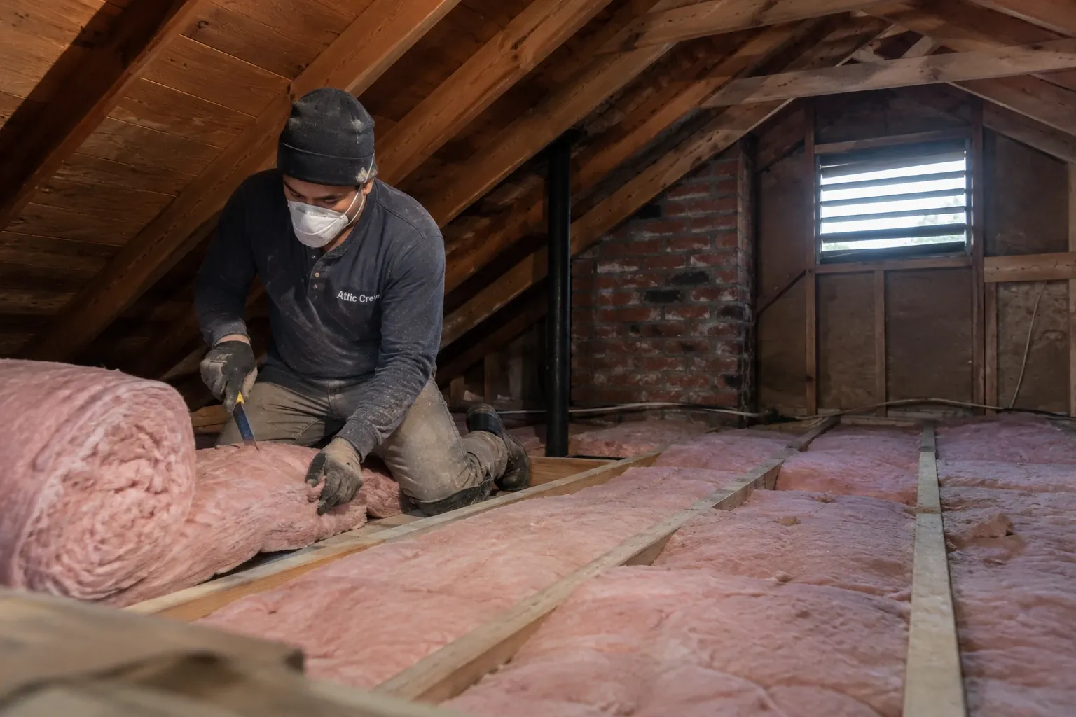 A technician is cutting and fitting pink fiberglass batt insulation snugly between the floor joists of a mid-century rambler attic.