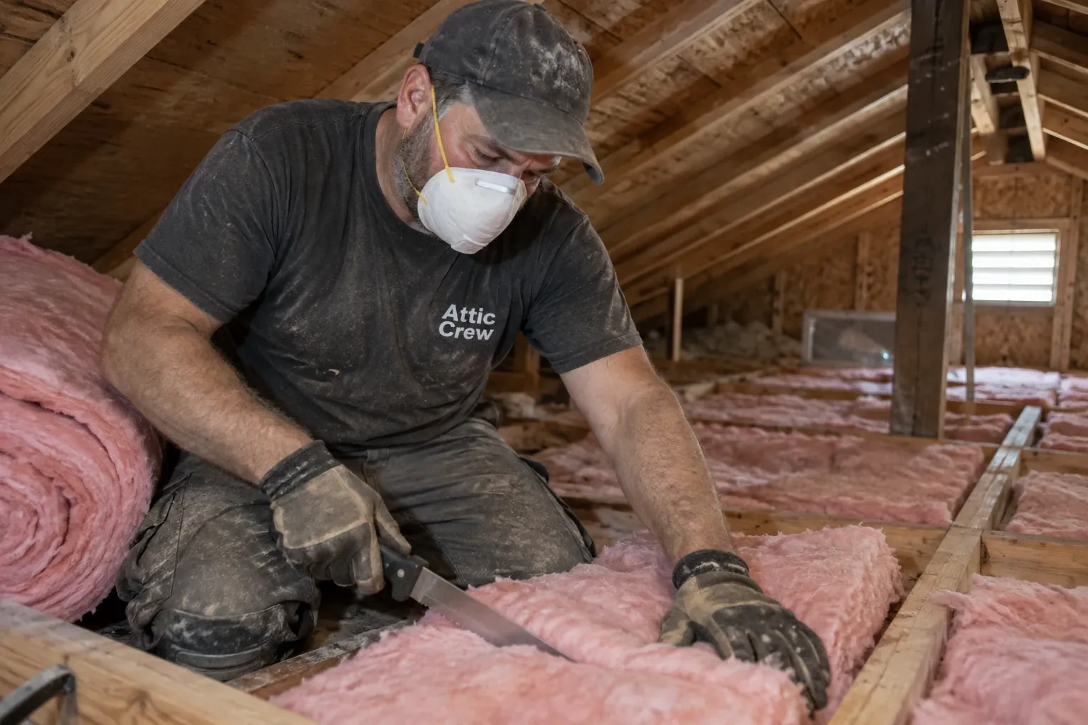A technician is installing pink fiberglass batt insulation snugly between attic floor joists in a Craftsman bungalow attic.