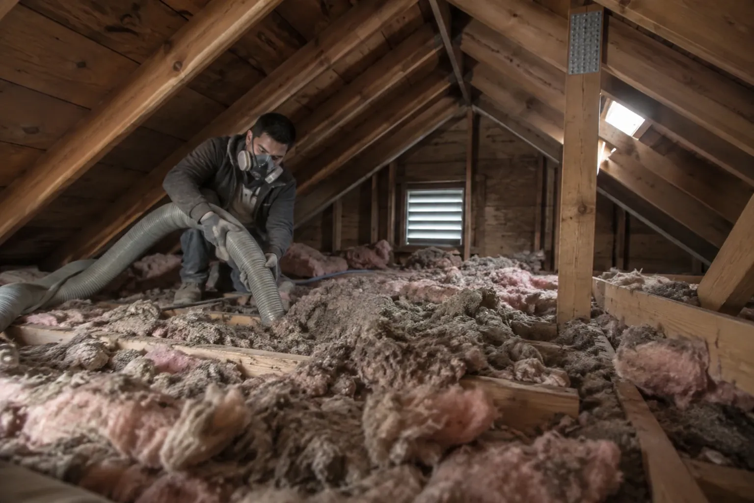 A technician removes old insulation from an attic.