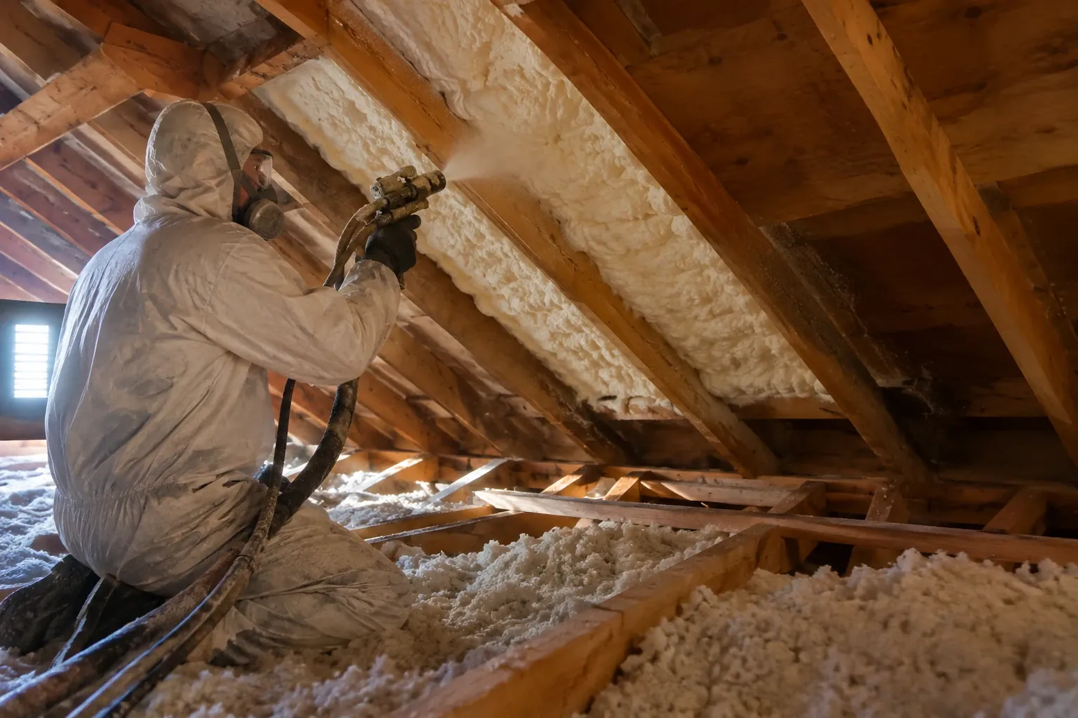 A technician sprays foam insulation on the attic roof deck.