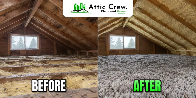 Attic insulation replacement in 1970s Seattle rambler attic: before and after