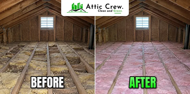 Attic insulation replacement in a 1980s split-level home attic: before and after