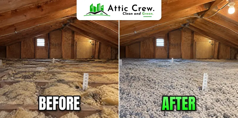 Attic insulation replacement in a 1980s two-story suburban attic: before and after