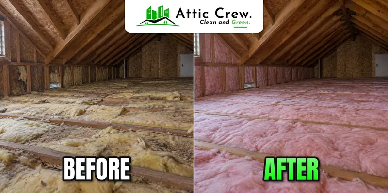 Attic insulation replacement in a 1990s two-story suburban home attic: before and after