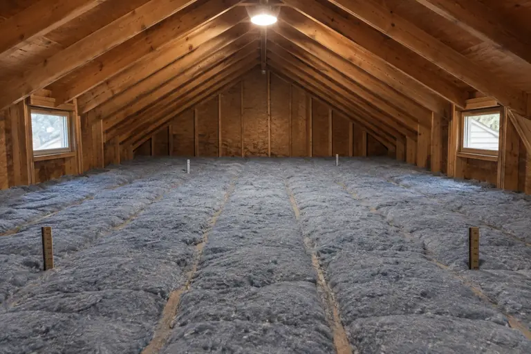 Attic insulation replacement in a 2000s two-story suburban attic with cedar siding, after: The attic floor is fully insulated with new dense cellulose insulation.