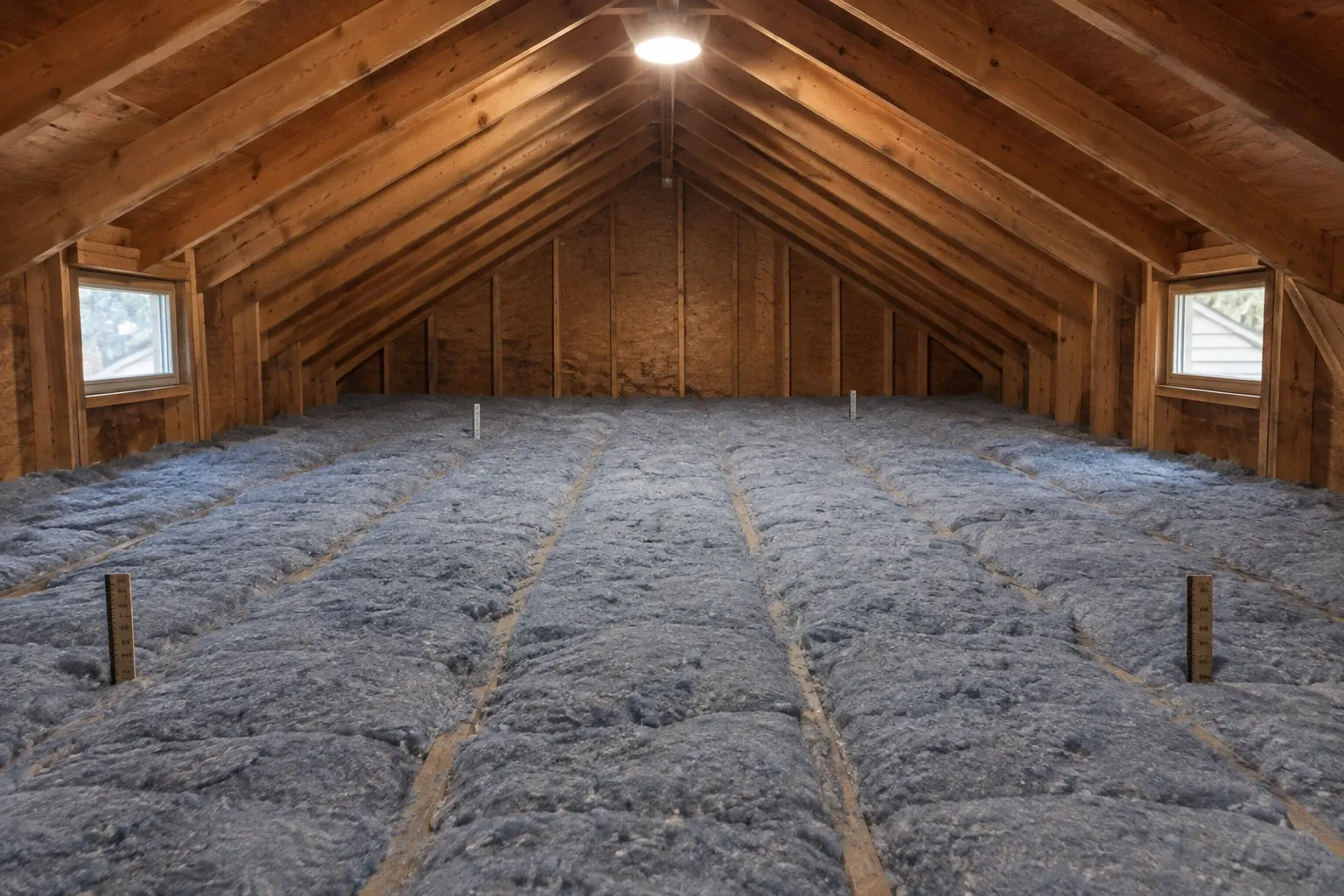 After: The attic floor is fully insulated with new dense cellulose insulation.