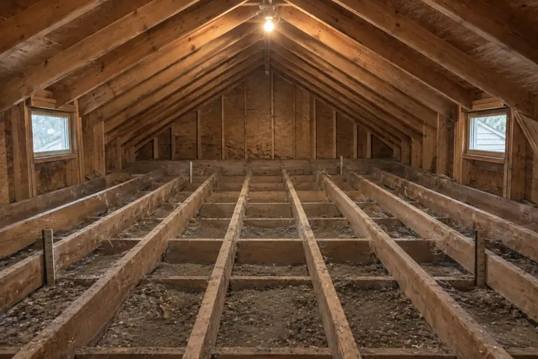 Attic insulation replacement in a 2000s two-story suburban attic with cedar siding, before: The attic shows aging, uneven yellow fiberglass batts sagging between floor joists under dim incandescent light.